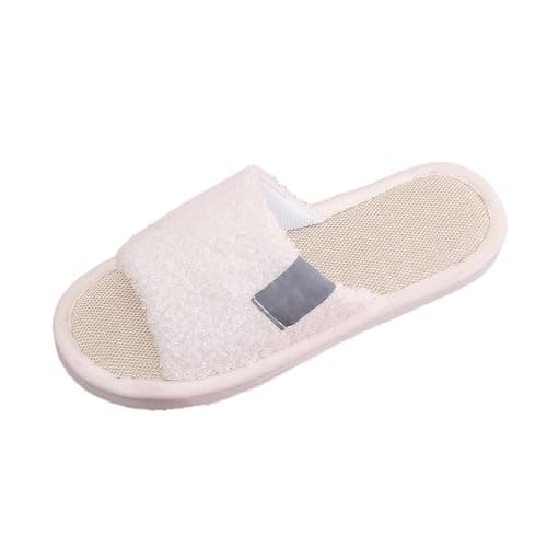Women’s Open Toe Fluffy Band Mule Slippers, Breathable Linen Insole Memory Foam Slip On Slippers, Warm Quiet Non-Slip Indoor Bedroom House Slipper for Ladies, Ideal Birthday (White, 3.5)
