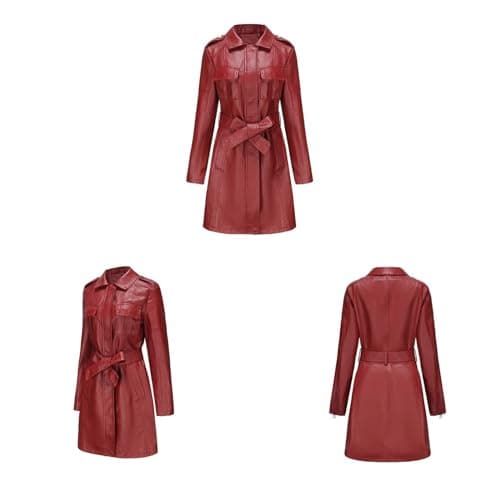 QLXYYFC Comfortable Soft Warm Women's Leather Jacket Classic Long Windbreaker Autumn Winter Coat with Loose Belt Zipper Cuffs (Color : Red, Size : L) — view 2