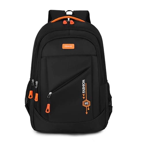 BRTHFORU Lightweight Waterproof Backpack for Women Men, 48cm Laptop Backpack with Orange Zipper, Fashion Casual Daypack for University Work Travel, Water-Resistant Scratchproof Day Bag (Black/Orange)