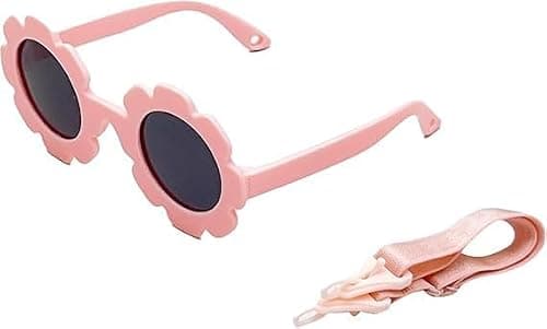 Baby Sunglasses with Strap, Flexible Polarized Baby Sunglass, UV400 Protection Cute Flower Design Glasses, Adjustable Strap for Outdoor Summer Travel Beach for Infant BabyGirl Age 0-24 Months(Pink)