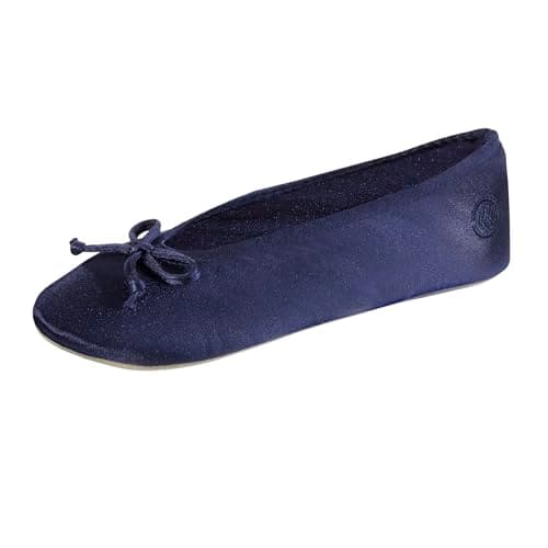 Isotoner Women's Satin Ballerina Slipper Ballet Flat, Navy Blue Soft Tie Bow, 4.5/5.5 UK