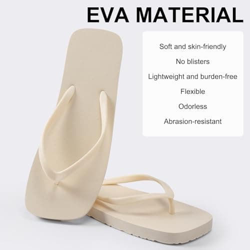 BBXWANG Unisex Flip Flops for Women Men Square Rubber Slip-Resistan Flip Flops Sandals for Shower Beach Pools (Off-white, Adult, Women, 5, Numeric Range, UK Footwear Size System, 6, Medium) — view 4