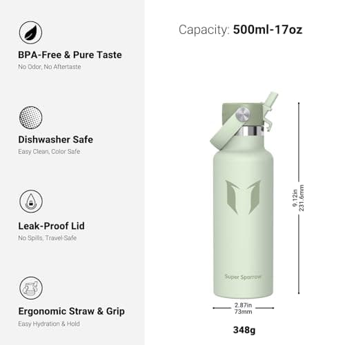 Super Sparrow Water Bottle Stainless Steel 18/8 - Metal Water Bottle - 500ml - Vacuum Insulated Water Bottles - Water Bottle with Straw Lid - Sports Bottle Flask for Gym, Travel, Sports — view 3