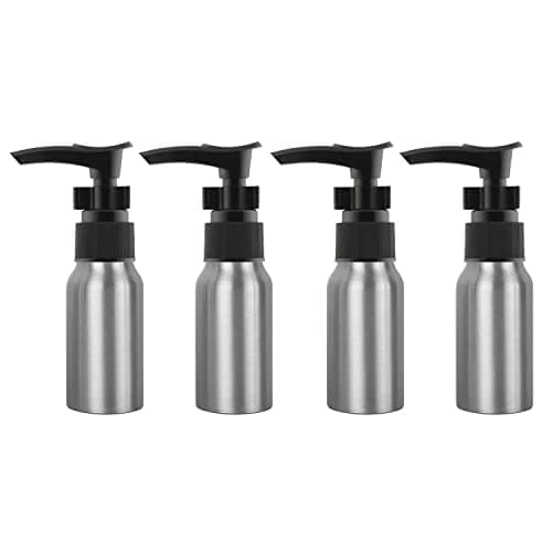 ZEOABSY 4 Pieces Empty 50ml Silver Aluminium Lotion Pump Bottle, Aluminum Bottles with Black LOCK Clip Pump, Metal Bottles for Cosmetic Bathroom Hotel Travel Essential Oil Shampoo Dispenser