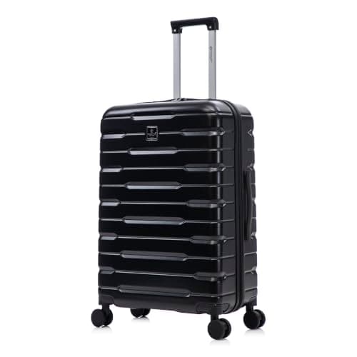 Rocklands London Suitcase Medium 25 Inch Hard Shell Lightweight Checked Luggage with 360° Rubber Spinner Wheels Durable Travel Case Telescopic Handle, TSA Lock (Black)