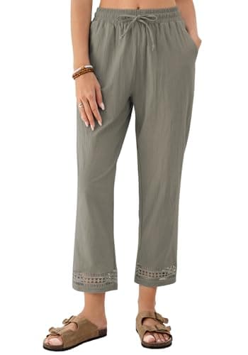 Famulily Womens Light Weight Cotton Trousers for Travel Cropped Linen Wide Leg Lounge Pants with Pockets (M,Grey Coffee)