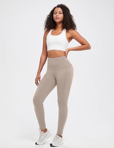 baleaf Thermal Leggings Women Fleece Lined Legging with Pockets Water Resistant Warm Winter Yoga Pants High Waisted Walking Trousers Khaki M — view 2