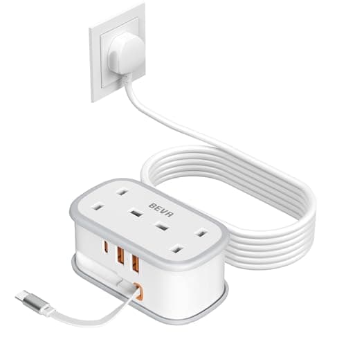 Travel Extension Lead, BEVA Power Strip with Retractable USB C Cable, 2 Way Power Socket with 3 USB Ports (1 USB C), 1.5M Extension Cable Cords for Cruise Travel Hotel Home Office Camping - White