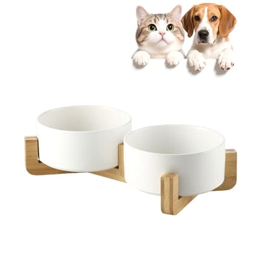 Ceramic Cat Bowls with Bamboo Stand, Double Elevated Pet Feeding Bowls, 400ml Each, Removable Non Slip Food and Water Bowls, Stable Base for Cats & Small Dogs, White (Set of 2)