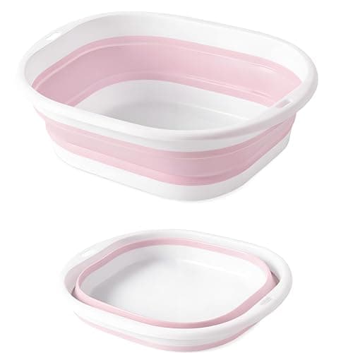 Lafefe Thickened Collapsible Washing Up Bowl, Portable Folding Wash Basin with Handles, Space Saving Camping Sink Multipurpose for Camping, Caravan, Kitchen & Travel(Pink, 5L)