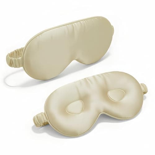Beige 3D Contoured Silk Sleep Mask, Luxurious Smooth Eye Cover with Elastic Adjustable Strap, Breathable Cooling Light Blocking Blindfold for Men Women, Portable Eye Mask for Work Travel Night Sleep