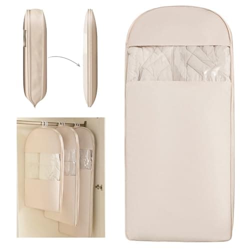 NatureNook Space Saving Hanging Compression Garment Bag with Zipper for Closet Storage, Hanging Clothes Storage Bag, Garment Covers for Coats and Down Jackets, Beige, XL