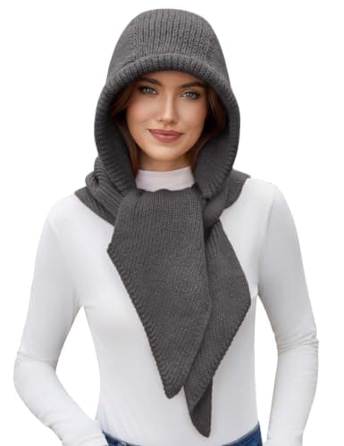 Vijamiy Knitted Hooded Scarf for Women 2-in-1 with Elastic Fit, Dark Grey