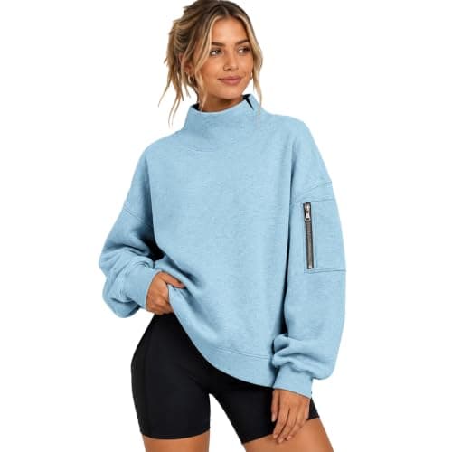 Womens Oversized Sweatshirts Mock Neck Pullover Long Sleeve Fleece Tops | Fall Fashion Outfits 2026 Clothes Comfort Soft Travel Casual Work Lounge Daily Outfit Light Blue — view 6