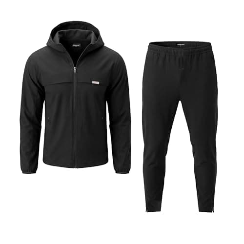 Spindle Men’s 2-Pack Premium Performance Tracksuit Twinset – Tech Bi-Stretch Athletic Hooded Jacket & Jogger Pants Sweatshirt Bundle, Breathable Cotton Poly Training Gym Sweatsuit Set (Black) — view 6