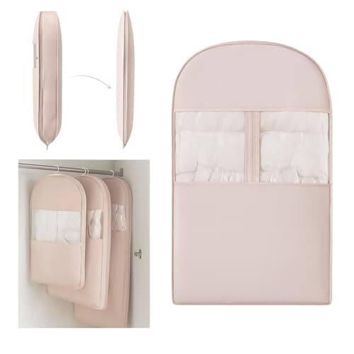 Space Saving Hanging Compression Garment Bag with Zipper for Closet Storage, Hanging Clothes Storage Bag, Garment Covers for Coats and Down Jackets (Pink, M)