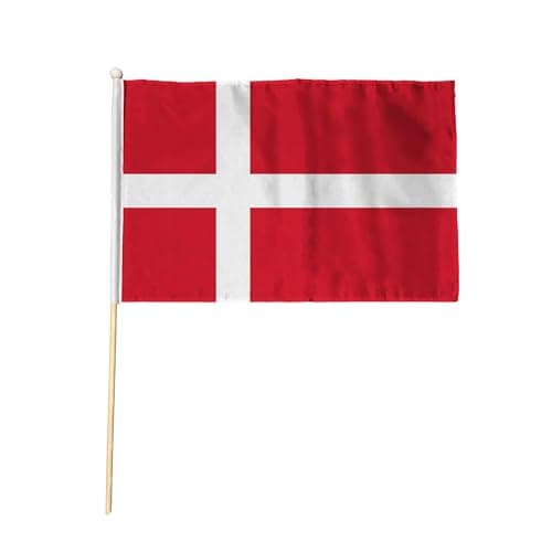 Flagtex Denmark Hand Waving Flag (9x6 Inch) - Premium Wooden Stick Hand Flag 9x6 Inch Natural Wood Pole European Dannebrog Red White Nordic Cross Flag Events Parades