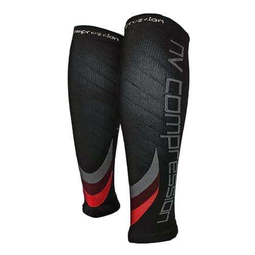 NV Compression Essential Race and Recover Calf Guards/Sleeves (PAIR) 20-30mmHg - For Sports Recovery, Shin Splints, Medical, Work, Flight - Running, Cycling, Gym (Bk/Red Chevrons, S-M) — view 2