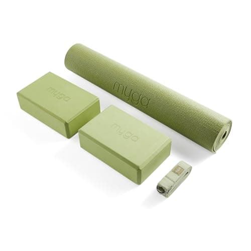 Myga Yoga Starter Set – Yoga Mat, 2 Yoga Blocks & Strap with Metal D-Ring – Non-Slip Yoga & Pilates Kit for Home Workouts & Fitness – Lightweight & Durable | 173cm x 61cm x 4mm (Moss)