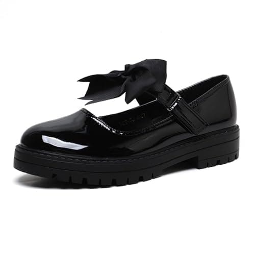 Girls Patent Black Mary Jane with Detachable Bow On Strap - Kids Back to School Comfortable Anti-Slip Flat Shoes (Black Patent, UK Footwear Size System, Big Kid, Women, Numeric, Medium, 3)