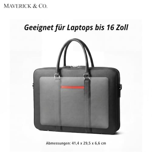 Maverick & Co. Manhattan Genuine Saffiano Leather Briefcase for Men - Slim Professional Laptop Bag for Work & Business Travel, Fits 16" Laptop (Black-Racing Red) — view 3