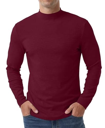 QIXING Men's Thermal Top, Long Sleeve Mock Neck Cotton Base, Burgundy, S
