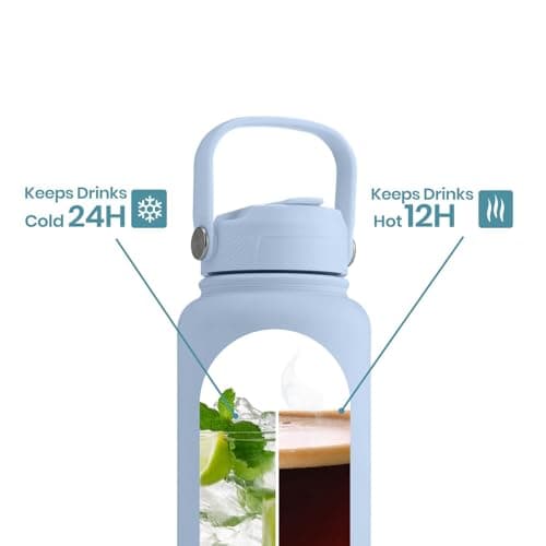 OMNIA NUTRIENTS Vacuum Insulated Stainless Steel Water Bottle, 2 Lids (Straw & Spout) Leakproof, BPA-Free, Reusable Flask Ideal for Travel and Outdoors (Sky Blue - 1000 ml) — view 6