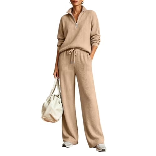 Tracksuit Womens Full Set 2 Piece Lounge Wear Sets Ladies Long Sleeve Half Zip Tops and Jogging Bottoms Comfort Activewear Sets Fashion Casual Thermal Autumn Winter Outfits Khaki M — view 2