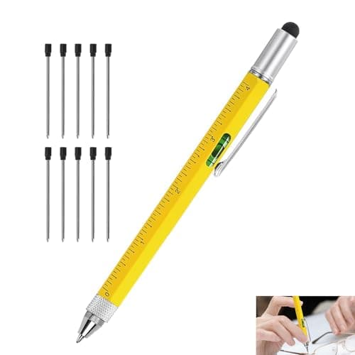 11 PCS Multi Tool Pen, Multitool Pen 6 in 1 Yellow Cool Gadgets for Men Husband Grandpa Engineer Handyman with Stylus Bubble Level Ruler Flathead Phillips Screwdriver Ballpoint and 10 Extra Refills