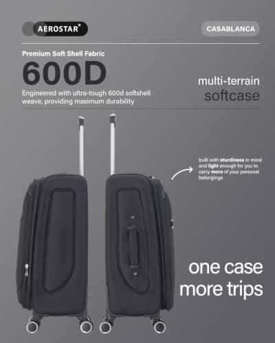 Aerostar Medium 26” Lightweight Softshell Expandable Suitcase, Integrated Combination Lock, 4 Wheels Check in Luggage for 15 to 20kg (Black, 77 litres) — view 6
