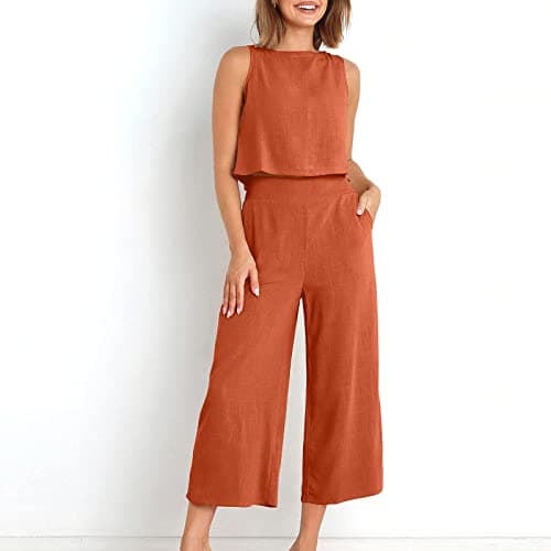 Women's 2 Piece Lounge Set Summer Outfits Casual Sleeveless Camisole Crop Top Capri Wide Leg Pants Jumpsuit Cotton Linen Loungewear Beach Travel Sets Spring Matching Tracksuit — view 4