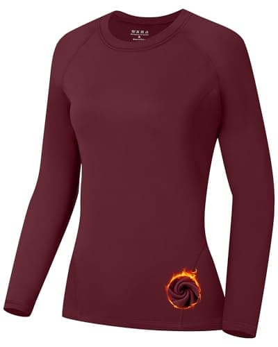 Runhit Thermal Tops Womens Long Sleeve Fleece Lined Compression Shirt Soft Warm Base Layer Moisture Wicking Sports Underwear for Ski, Running Gym Workout Burgundy L