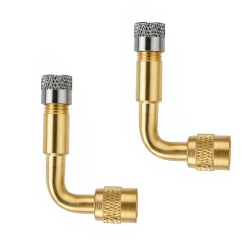 Rovelin 2 PCS Tire Valve Adapter and Tyre Valve Extension 90 Degree Brass, Universal Bike Pump Adaptor for Car Motorcycle Bicycle and Truck, Tyre Inflator Adaptor with Metal Caps