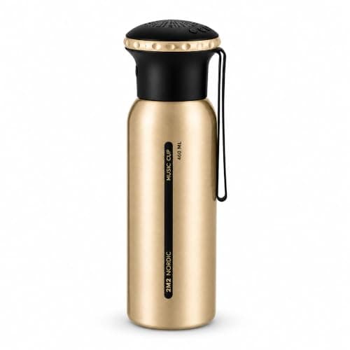 On the Go Hydration & Entertainment Gold 460ml Stainless Steel Water Bottle with Bluetooth Speaker.