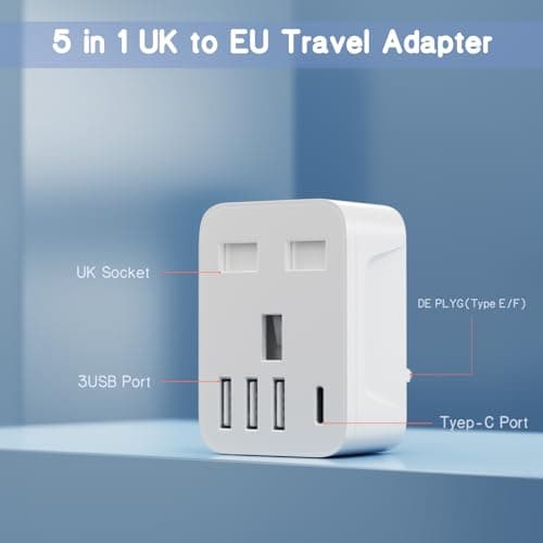 Herfair UK to European Travel Plug Adaptor,UK to EU Adapter with 3 USB A and 1 USB C Ports,5 in 1 EU Grounded Europe Power Euro Plug for Spain France Iceland Germany Greece Poland(Type E/F) White — view 3
