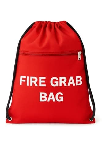 MediCounter Fire Grab Bag – Emergency Fire Evacuation Drawstring Bag (42x49cm) with Outer and Inner Zip Pockets & Info Tag – Water-Resistant -RED