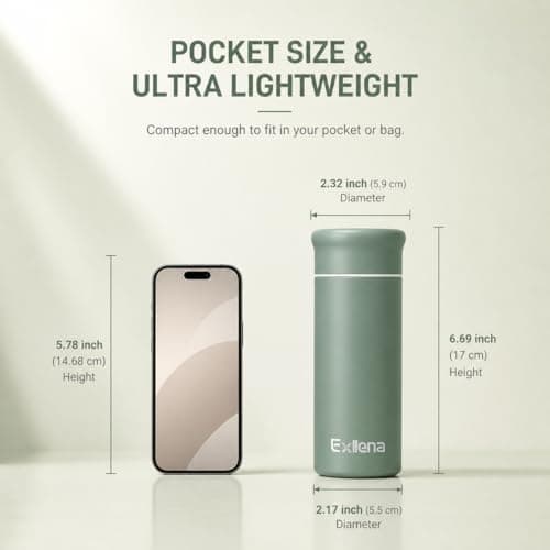 Exllena 250ml Mini Thermal Flask – 100% Leakproof Pocket Travel Mug for Flat White Coffee & Tea – Slim Stainless Steel Small Water Bottle for Handbag, Commute, Milk – BPA Free(Dusty Green) — view 2