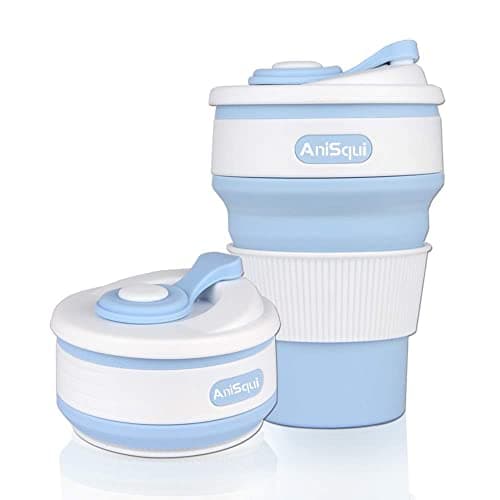 AniSqui Collapsible Coffee Cup Silicone with Lids 12oz 350ml (Blue)