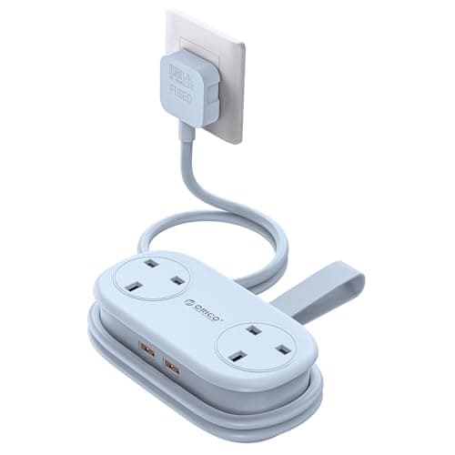 ORICO 65W GaN Travel Extension Lead with USB Slots (2 USB-A/2 USB-C), Flat Plug Power Strip with 2 Way Plug Extension Socket and 1.6M Extension Cord, Fast Charger for MacBook/iPad/iPhone - Blue