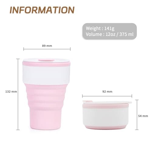 EYQ Collapsible Coffee Cup 375 ml, Silicone Foldable 12oz Coffee Mug, Reusable Tea Cup for Hot Cold Drinks for Office Fitness Gym Outdoor Sports Travel Camping Yoga, Pocket Size (WhitePink) — view 2
