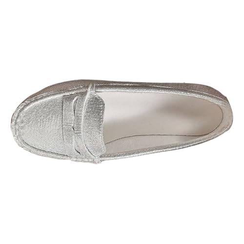 Leather Penny Loafers for Women Slip‑On Flats Pumps Moccasin (Silver 4 UK)