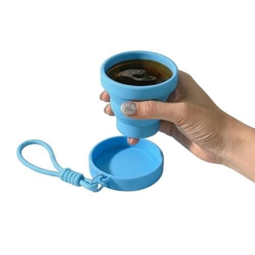PRK 14 Silicone Foldable Travel Mug | 170ml Reusable Collapsible Coffee Cup | BPA Free & Leakproof | Portable Pocket-Sized Cup for Travel, Camping, and Commuting with Strap (Baby Blue)