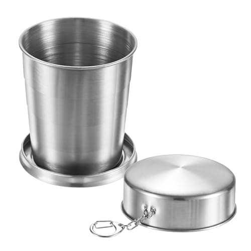 M METERXITY Stainless Steel Collapsible Travel Cup, 8.4oz(250ml) Reusable Collapsible Metal Cup Portable Foldable Water Bottle with Lid and Keychain for Travel/Camping/Hiking