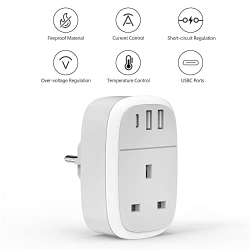 European Plug Adapter, UK to EU Euro Europe Schuko 32W USB C Fast Travel Charger Grounded USBC Adaptor Type C for Germany France Spain Turkey Greece Iceland Poland Russia Portugal Austria(Type E/F) — view 3