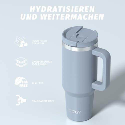 WATERSY 40oz Travel Mug Coffee Cup with 2 Straws, Tumbler Lid and Handle, Stainless Steel Double Wall Vacuum Insulated Coffee Water Bottle Thermal for Cold Hot Coffee 1182ml Light Gray Blue — view 6