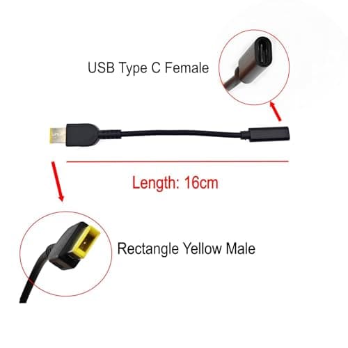 JZK 65W PD USB-C to slim tip cable adapter for ThinkPad, USB Type C female to rectangle yellow male connector for Lenovo Laptop power adaptor charger cord converter — view 3