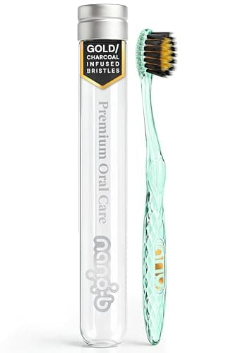 Nano-b Manual Toothbrush for Adults with Sensitive Gums, Gold & Charcoal Soft/Medium Bristles, Travel Case, Green