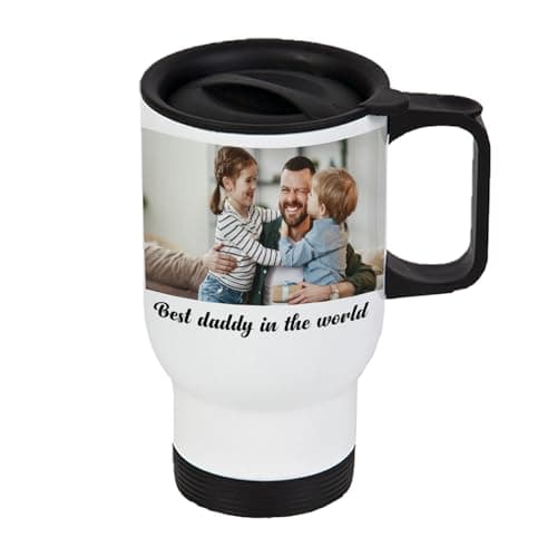 Personalised Travel Mug White 14oz with Handle & Lid – Custom Stainless Steel Coffee Mug with Photo, Text or Logo, Reusable Insulated Mug for Hot Drinks – Gift for Mum, Dad, Friend & Colleague — view 5