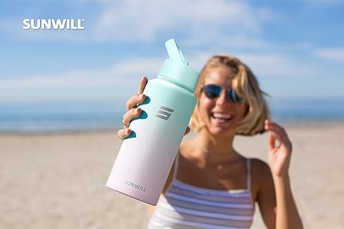 SUNWILL Metal Water Bottle 1l Stainless Steel, Insulated Leakproof Thermal Flask with Straw and 2 Lids for Cold and Hot Drink, Running, Sports, Gym, Travel, Gradiant Mint Sakura — view 5