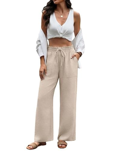 WIHOLL Wide Leg Palazzo Trousers Casual Summer Women's Clothing Elastic Drawstring Waist Soft Light Pants with Pockets for Beach Travel Daily Wearing Size 10-12 Beige M — view 3